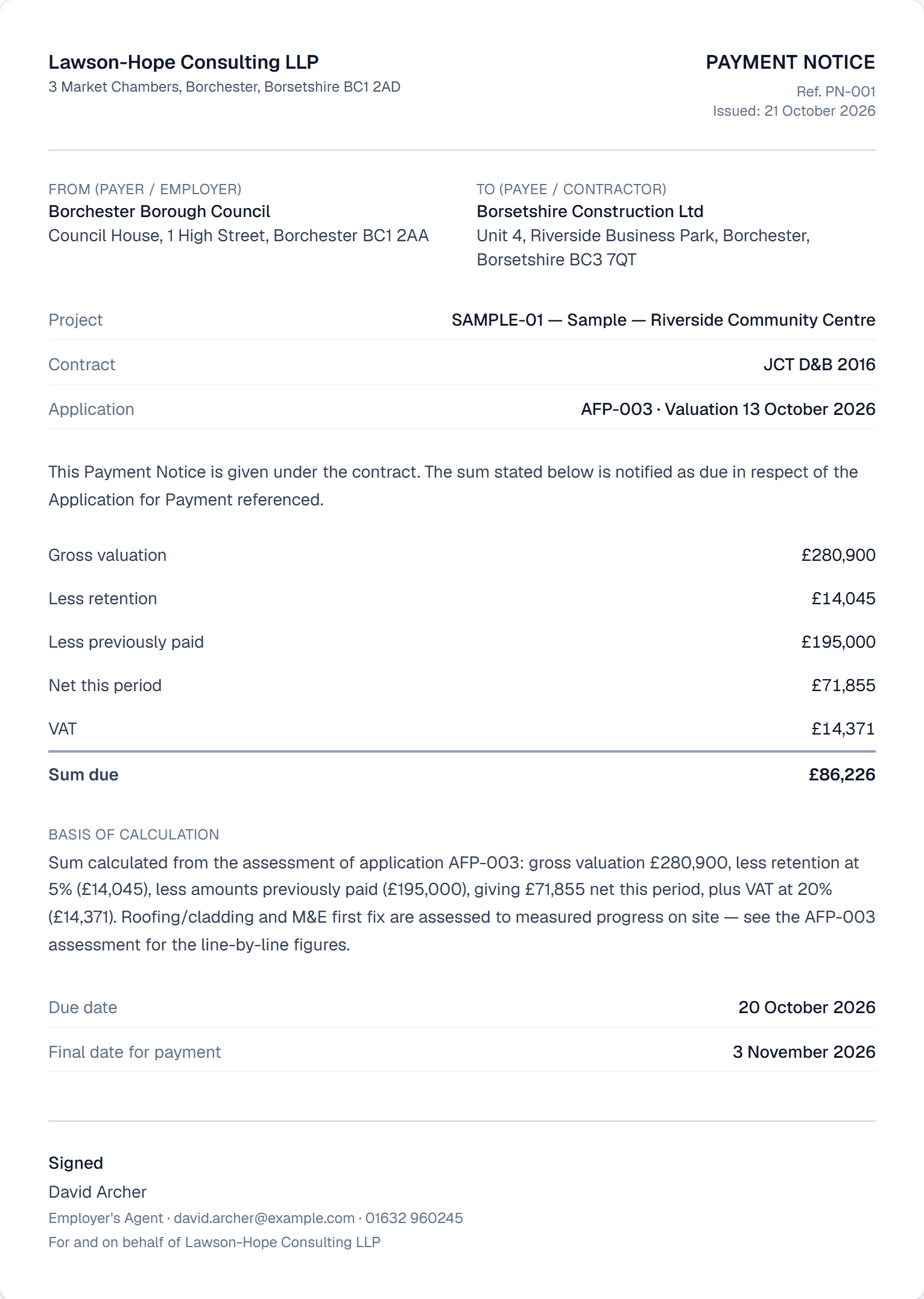 Payment Notice PN-001 for application AFP-003: gross valuation £280,900, less retention and amounts previously paid, net £71,855, VAT £14,371 and a sum due of £86,226, with the basis of calculation, due date and final date for payment.